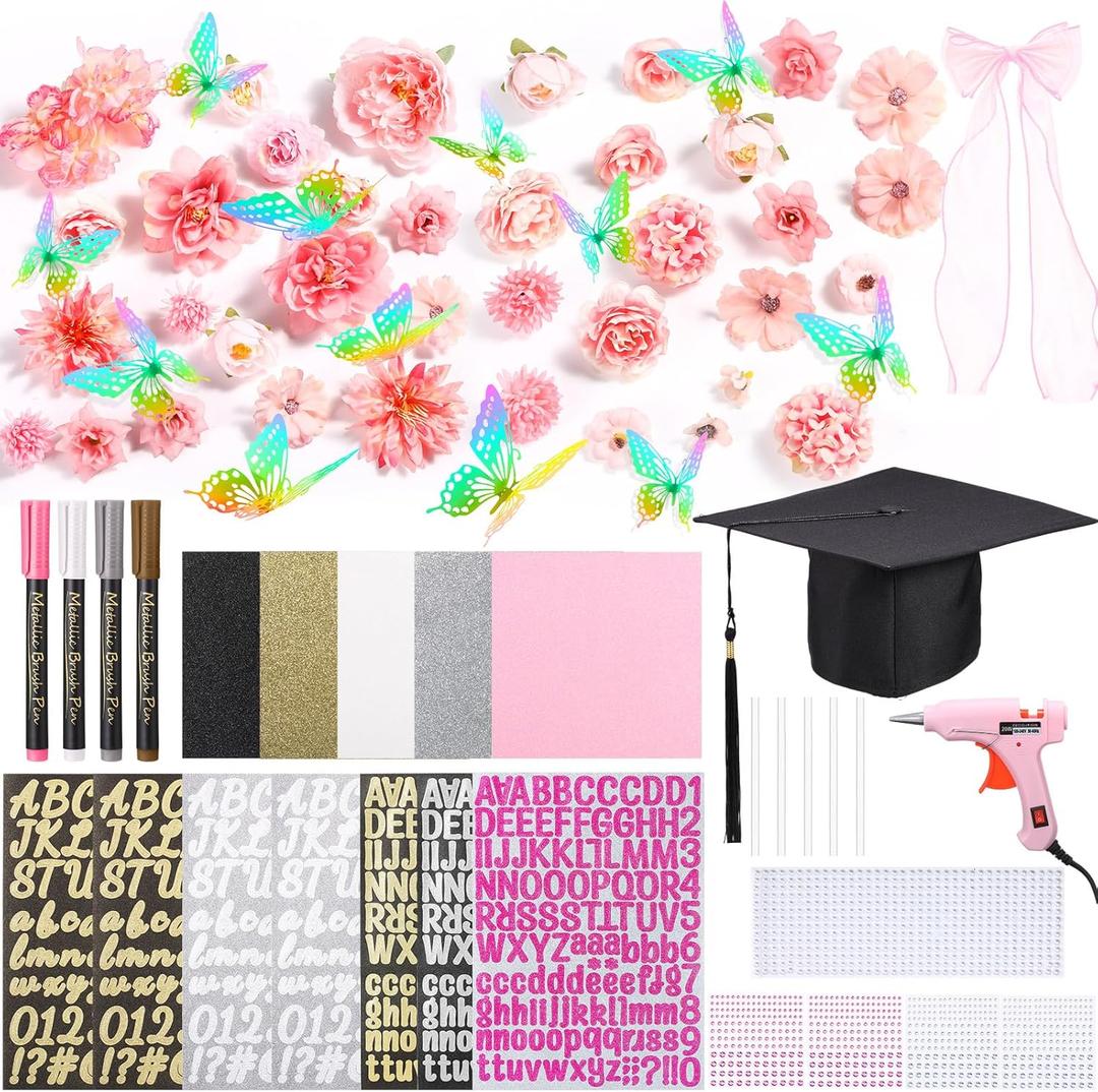 Knitgrip 2025 DIY Graduation Cap Decoration Kits with Grad Cap,Glitter Cardstock,Faux Flowers,3D Butterfly,Ribbon Bow,Rhinestone Alphabet Stickers,Paint Marker,Glue Gun for Grad Hat Topper(Pink)