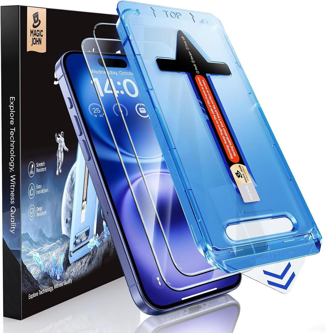 MAGIC JOHN 2 Pack for iPhone 16 6.1 inch Tempered Glass Screen Protector (Not Pro), Auto Dust-Elimination, Bubble Free, Easy Installation, HD Clear