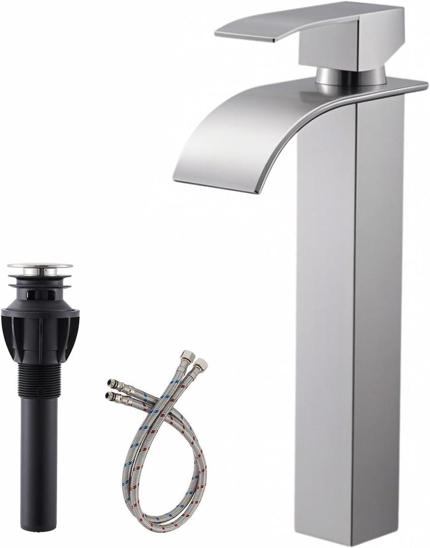 Bathroom Sink Faucet Brushed Nickel Tall Waterfall Single Handle 1 Hole Bathroom Vessel Sink Faucet Stainless Steel Bowl Mixer Tap Wash Basin Lavatory Vanity Faucet with Pop-up Drain