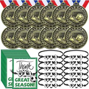 Huquary 12 Pcs Award Medals for Kids with 12 Pcs Sports Bracelets Team Participation Trophies with Red White Blue Striped Ribbon for Sports Game Party Favors Team Competition Trophy Prize