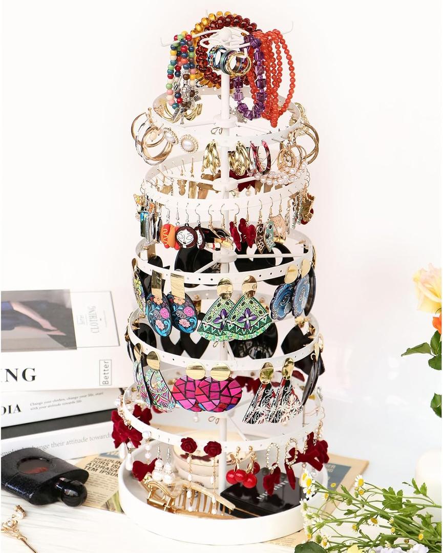 17Dec 6 Tier Rotating Jewelry Organizer Stand, 230 Holes Earring Holder Organizer for Women Girls, Spinning Earring Tree with Ring Holder, Wide Base for Bracelets Watches Lipstick