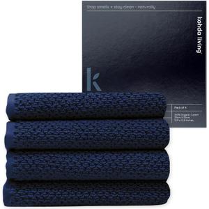 Navy Blue Bathroom Wash Cloths for Face Body & Showering, 4-Pack - Silver Infused 100% Organic Cotton Luxury Washcloths, 600 GSM, 12.9"x12.9" - Soft Thick Lint-Free Bath Wash Cloth Set