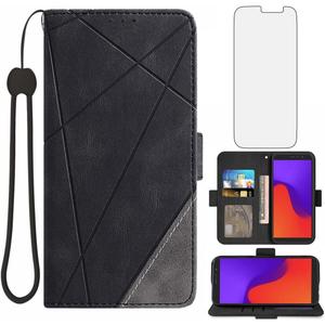 Asuwish Compatible with Tracfone BLU View 2 B130DL Wallet Case and Tempered Glass Screen Protector Flip Card Holder Stand Cell Accessories Phone Cover for BLUE View2 BLUView Two 4G LTE Women Men Black