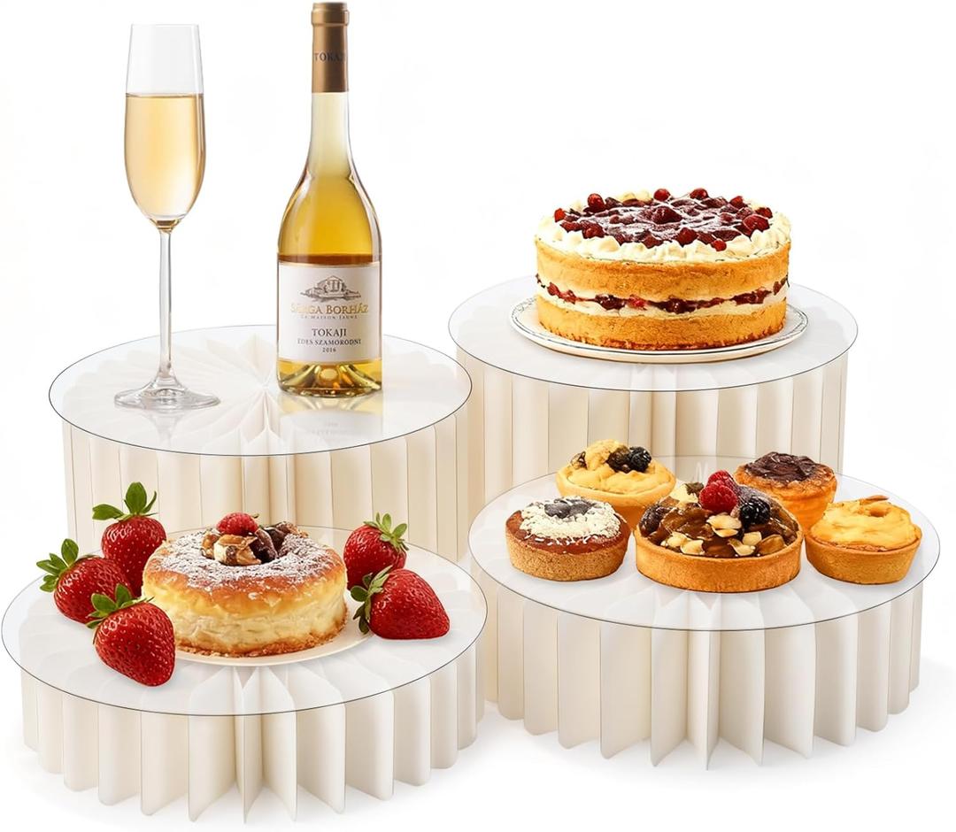 AHUAWA 4Pcs Buffet Risers, Foldable Food Risers for Buffet Table, 12" Reusable Cardboard Display Risers Cylinder Stands with Acrylic Plates for Party, Wedding, Catering & Birthday Decor