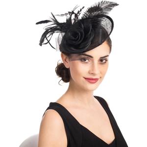 SAFERIN Women's Fascinators Feathers Tea Party Hat Veil Headband with Hair Clip for Cocktail Church (Ta4-sinamay Featherblack)