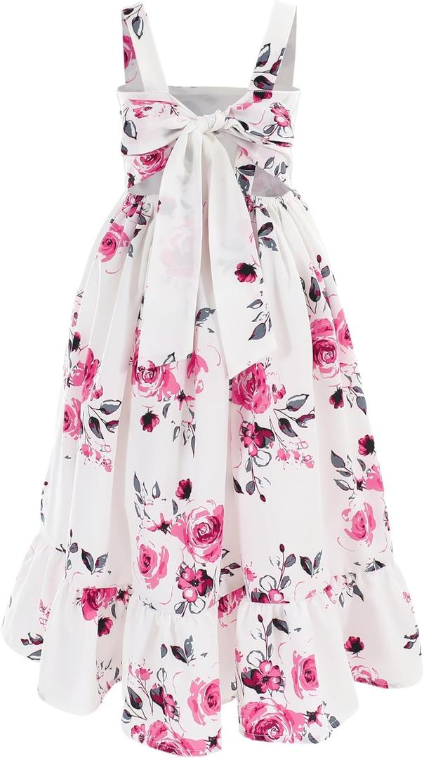 Flofallzique Girls Floral Dress Summer Vintage Tie Back Kids Birthday Party Boho Maxi Dress for 4-14 (8 Years, White)