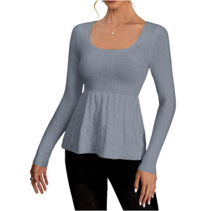 winkbay Women's Scoop Neck Peplum Sweater Long Sleeve Cable Knit Dressy Casual Pullover Tops Grey Small