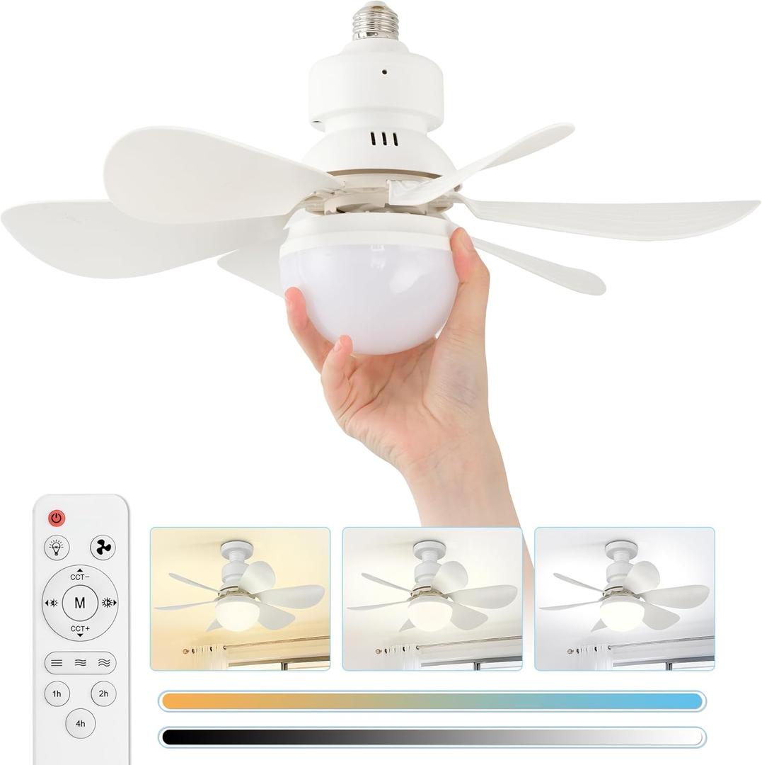 Ceiling Fan Light, Cordless Small Ceiling Fan Light with Remote, 3 Speed, Dimmable Led, 3000-6500K, E26 Base, Timer, Socket Extender, 6 White Blades (Medium)