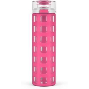 Ello Syndicate 20oz Reusable Glass Water Bottle with One-Touch Leak Proof Flip Lid and Protective Non-Slip Silicone Sleeve and Carry Loop for Coffee, Tea and Water, BPA-free, Dishwasher Safe, Pink