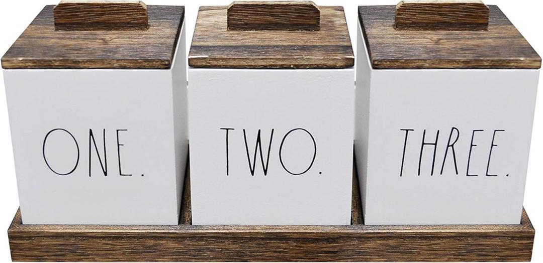 Rae Dunn Bathroom Containers for Organizing - Storage Canister Set of 3 with Lids and Wood Tray - Home Decor, Bathroom Vanity Organizer, Toilet Tank Topper, Makeup and Accessories Holder