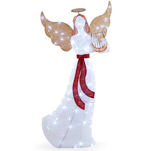 5 Ft Christmas Lighted Angel With Harp And 120 Cold White LED Lights