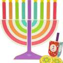 Mini Multicolor Hanukkah Menorah, 5" Inch Children Wooden Chanukah Menorah Set with Removable Wooden Candles, 3" Inch Dreidel, and Gelt Coins (Single)