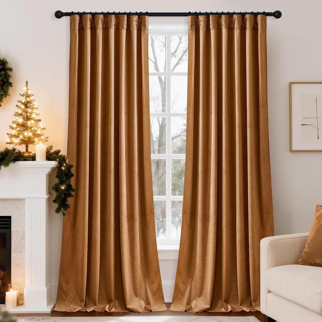 RYB HOME Burnt Orange/Terracotta Velvet Curtains, Fall Curtains for Living Room, Room Darkening Thermal Insulated Backdrop Drapes for Halloween Decor, 52" W x L90 L, 2 Panels Set