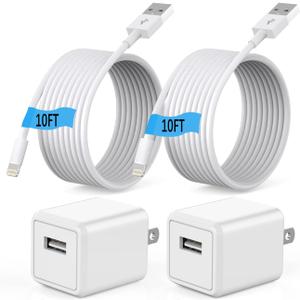 (Apple MFi Certified) iPhone charger 10ft,2Pack 10Foot Long Fast Charging Lightning Cord Cable 2Pack USB Wall Charger Travel Plug Adapter Box for iPhone 14/13/12 Mini/11 Pro Max/10/XS/XR/X/8/7/SE,iPad