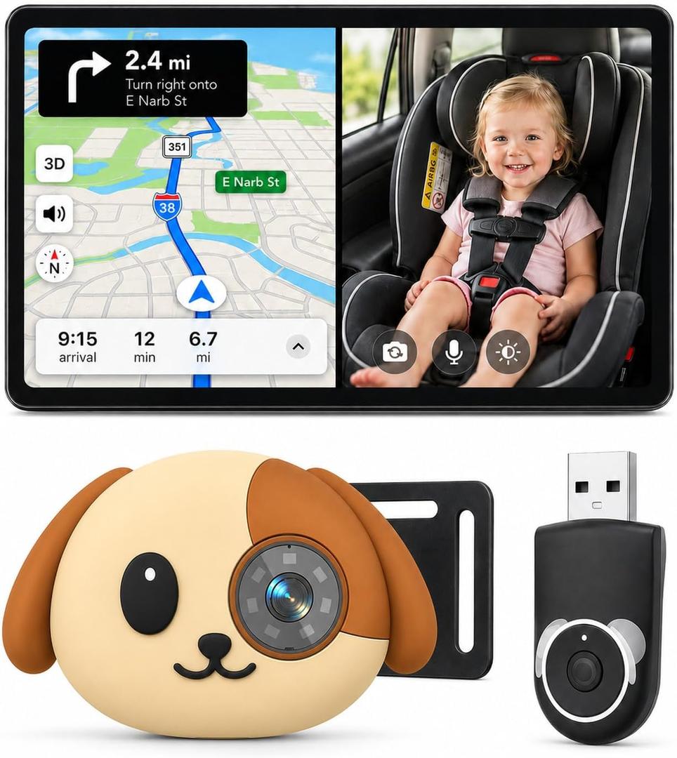 Cabin Care 1080P Baby Car Camera Wireless CarPlay Adapter for iPhone Only | Baby View on Screen, Split Nav, Night Vision, 150 Wide, No Android Support