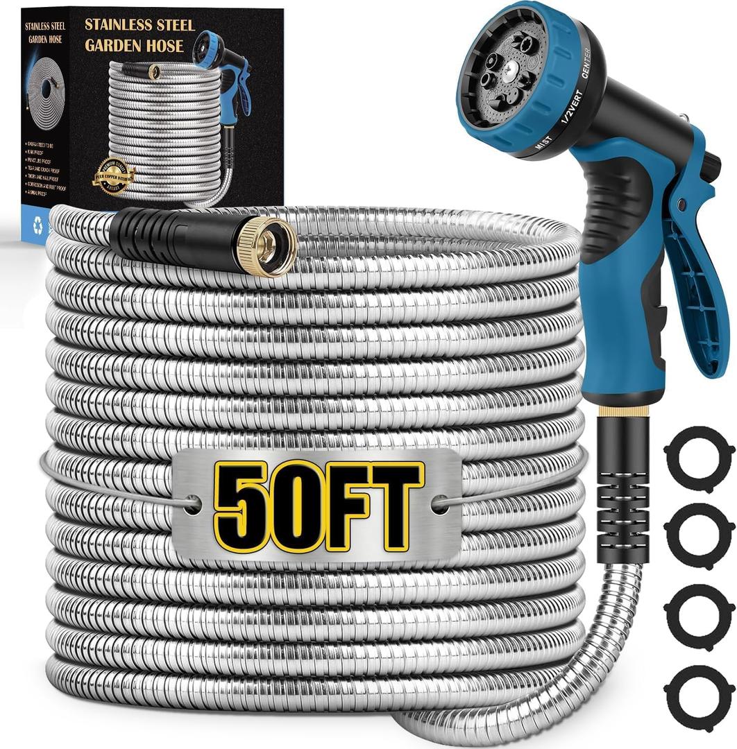Metal Garden Hose 50FT, Stainless Steel Water Hose with 10 Function Nozzle, Solid Brass Fittings, Lightweight, Kink-Free & Dog Chew Proof for Lawn, Yard, RV, Car Wash, 550PSI