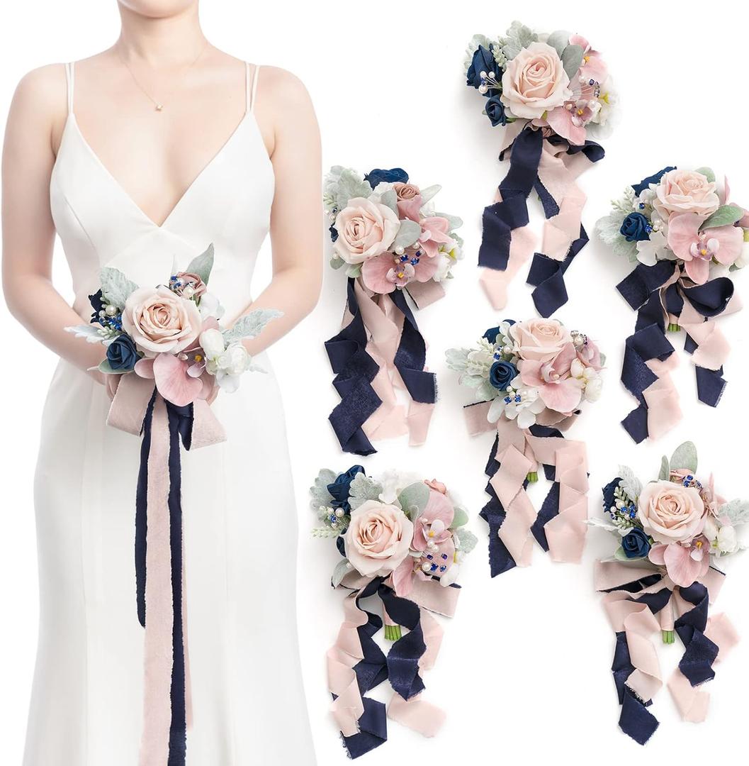 Ling's moment Artificial Flowers Dusty Rose & Navy Blue Bridesmaid Bouquet Set of 6, Wedding Flowers Bouquets for Bridesmaids, 7 Inch Bridal Bouquets for Bridesmaids, Wedding, Ceremony, etc