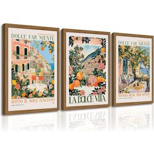 Italy Amalfi Coast Wall Art Decor Vintage Italian City Canvas Painting Tuscan Italy Travel Landscape Poster Mediterranean Pictures Lemon Prints Beach Artwork for Kitchen Bedroom 16x24 Inch Wood Framed
