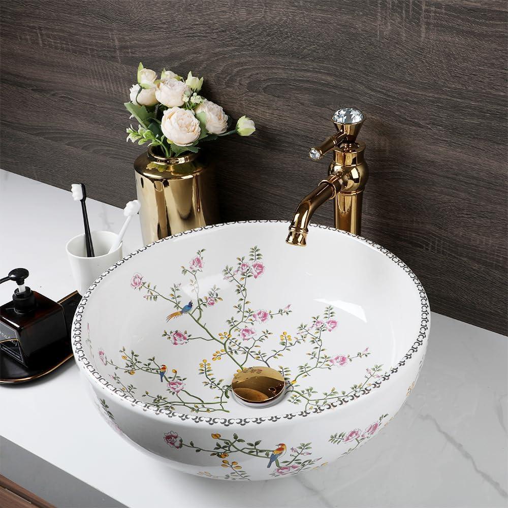 Flower and Bird Pattern 16"Bathroom White Ceramic Vessel Sink with Faucet and Drain Combo White Round Vessel Sink Bowl Hand Painted Porcelain Bathroom Sink Above Counter, Large
