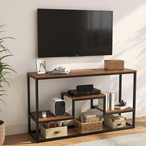 YOUDENOVA TV Stand for 55" TV, 3-Tier Storage Shelves, Rustic BrownIndustrial TV stand with open shelves for TVs up to 65", perfect for living room and bedroom