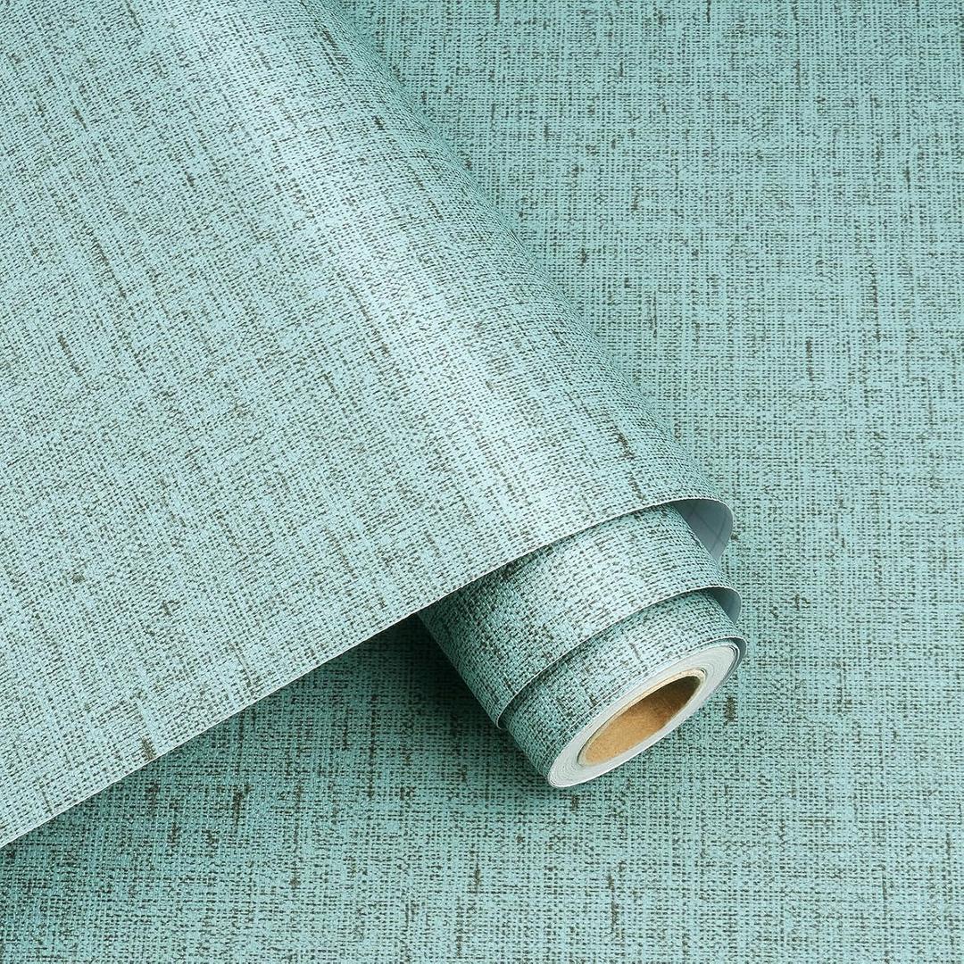 Decotalk Textured Wallpaper Peel and Stick Green Textured Wallpaper Removable Green Grasscloth Vinyl Stick and Peel 17.7"x200" Teal Grass Cloth Contact Paper for Bedroom Grasscloth Wall Paper