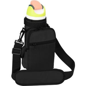 Xxerciz Water Bottle Carrier Bag with Phone Pocket for Owala Free Sip 24oz 32oz Water Bottle, Portable Water Bottle Holder with Adjustable Shoulder Strap Carabiner for Walking Camping Hiking (Black)