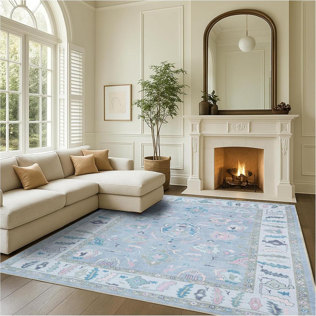 Fame Rugs Modern Oushak Rug 9x12, Vintage Turkish Lavender Oriental Antique Inspired Area Rugs, Washable Foldable Luxury Living Room Bedroom (386PBL, 9' x 12)