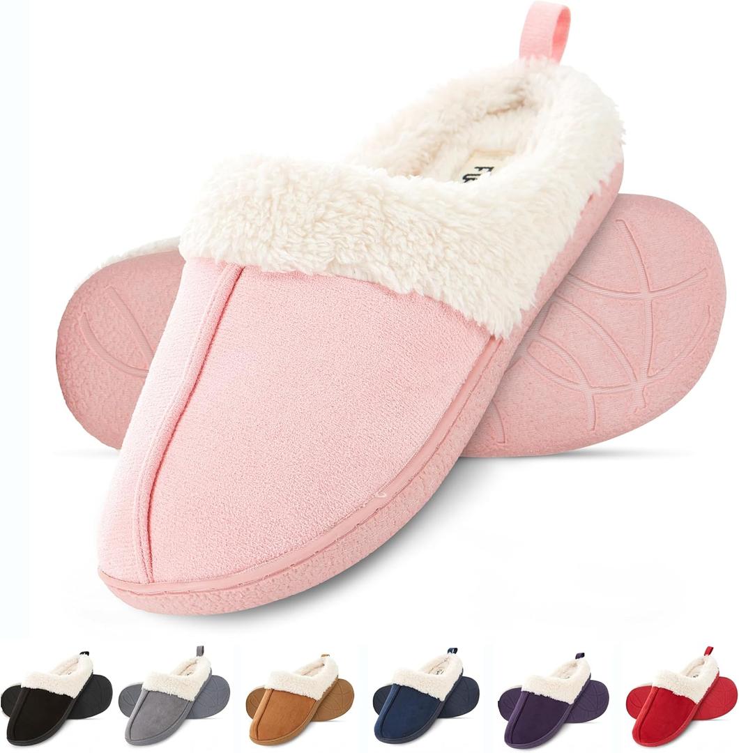 Floopi House Slippers for Women, Fur Lined Clog Womens Slippers Cozy Memory Foam with Indoor & Outdoor Anti Skid Sole (Pink)