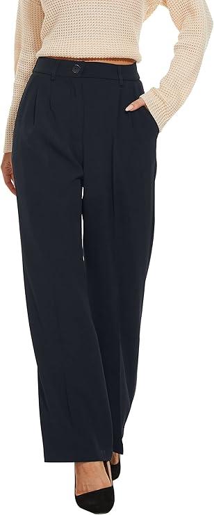 FUNYYZO Wide Leg Pants Women's High Elastic Waisted in The Back Business Work Trousers Long Straight Suit Pants (Medium Short)
