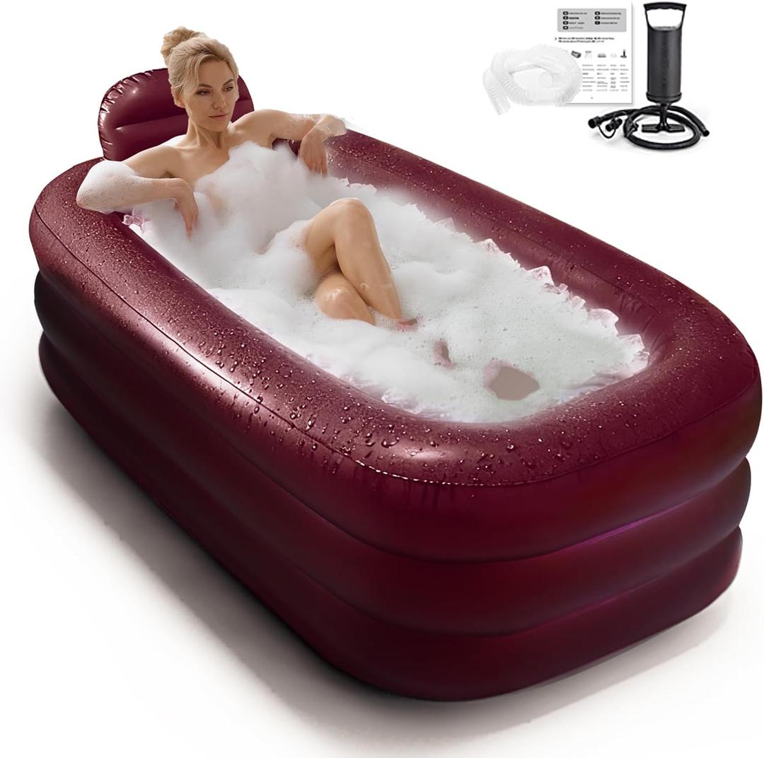 Inflatable Bathtub for Women, with Pillow Headrest - Portable Foldable Freestanding Hot Spa Bath Tub, Elegant Indoor One-Person Soaking Tub for Self-Care & Relaxation,Burgundy