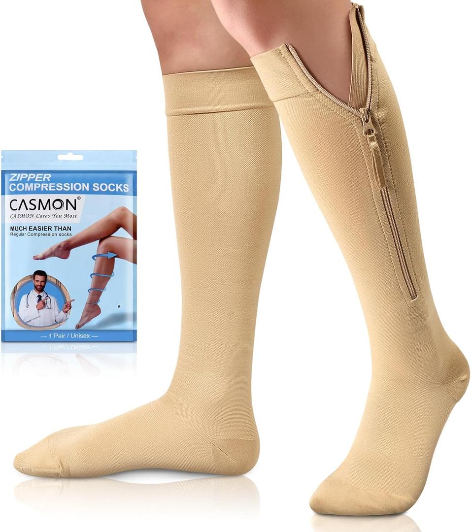 CASMON Zipper Compression Socks for Women & Men, 20-30 mmHg Closed Toe Knee High Support Sock, Medical Zip up Socks for Edema, Varicose Veins, Post-surgery, Swelling, Nurses, Pregnancy (1 Pair) (XX-Large, Beige)