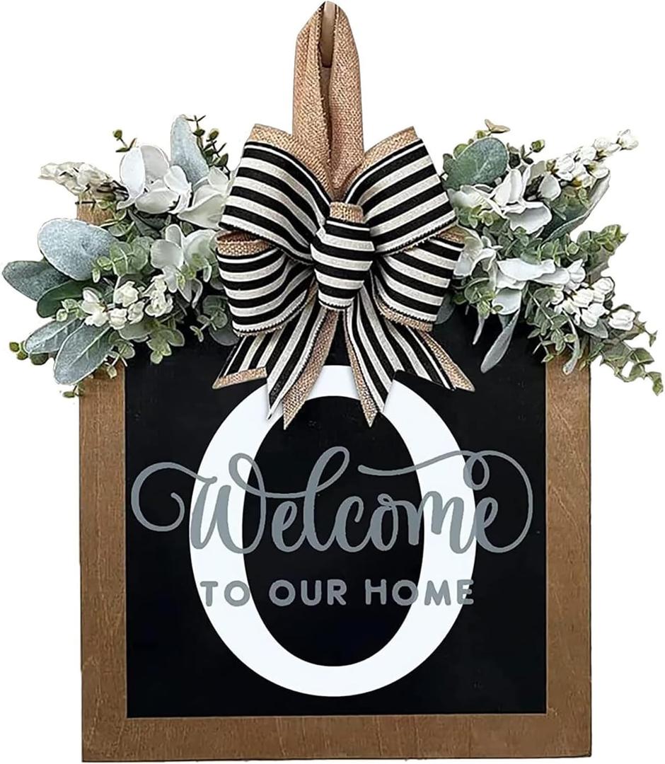 Last Name Year Round Front Door Wreath Front Porch Decoration 26 Letter Welcome Sign with Eucalyptus Garland and Bow Spring Wreaths for Front Door Outside Hanger GarlandO