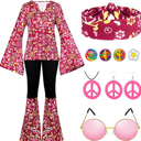 Jiuguva 17Pcs 60s 70s Outfits for Women Hippie Costume Set Disco Outfit Dress Boho Flared Pants Hippie Shirt Headband XXL
