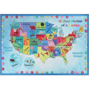 Superior United States Map Non-Slip Indoor Rug for Kids, Toddlers & Babies, Washable, Perfect for Playroom, Kids Room, Nursery, or Bedroom, Geography, Iconic American Landmarks, Symbols, 7' 5" x 10'