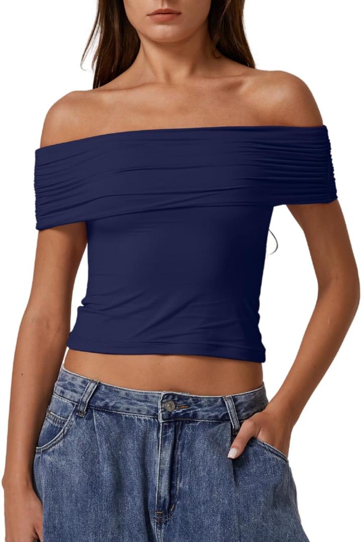 QINSEN Womens Off The Shoulder Tops Double Lined Short Sleeve T Shirts Slim Fitted Stretchy Crop Top (Blue, M)