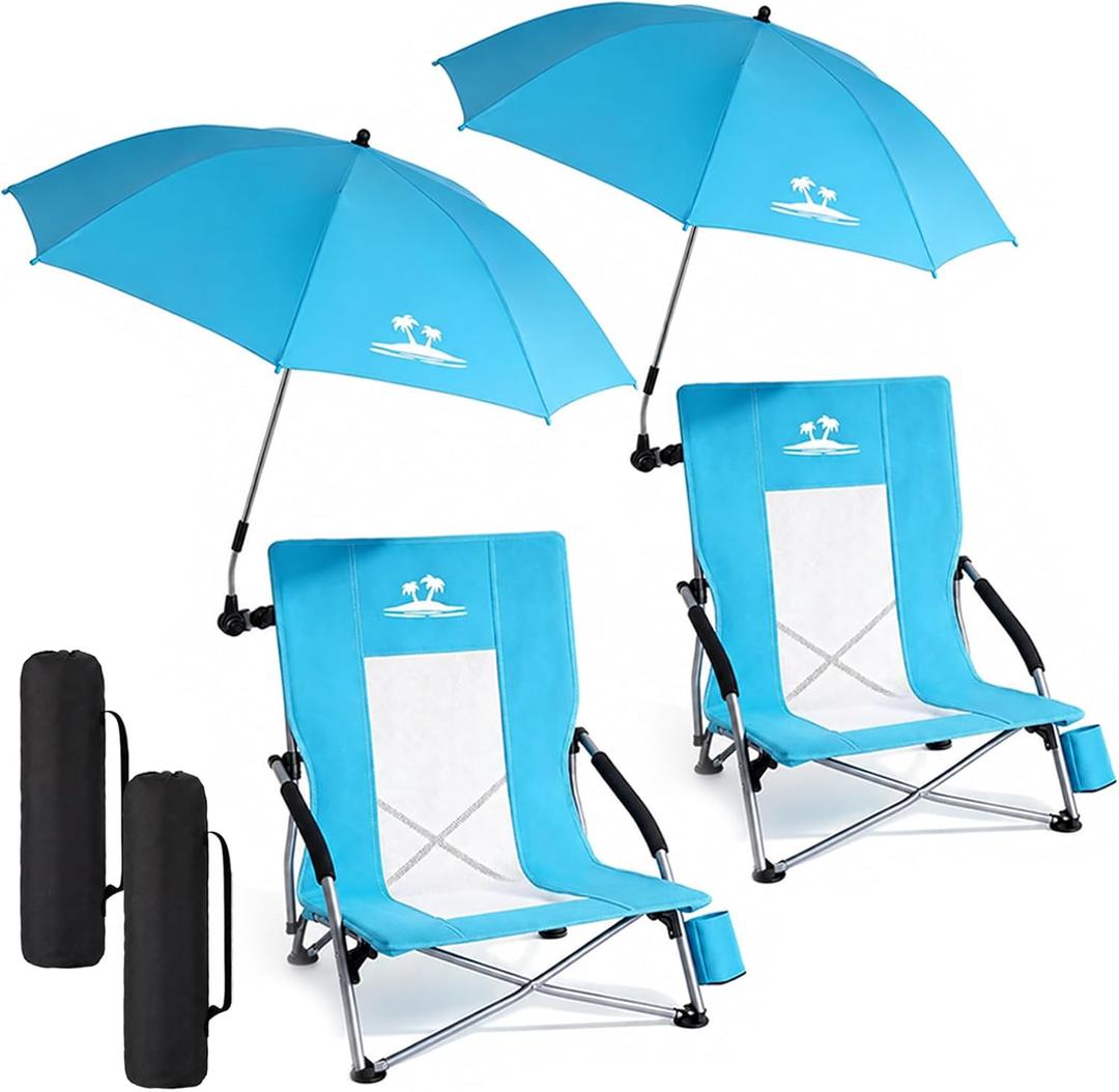 Folding Beach Chair for Adults with UPF 50+ Umbrella, Lightweight Low Beach Chair with Mesh Back,300lbs Capacity Portable Camping Chair with Carry Bag for Outdoor Lawn Camping Concerts (2 Pack)