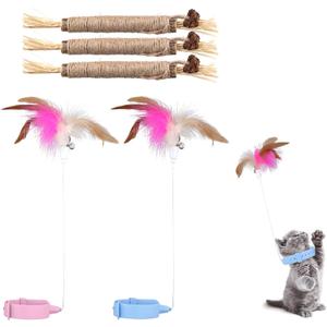 2pcs Silicone Collar Cat Toys & 3pcs Cat Teasing Wands, Adjustable Cat Wand Toy Cat Feather Toys Catnip Chew Toys Silvervine Sticks Interactive Cat Teaser Toys for Indoor Cat Kitten Exercise