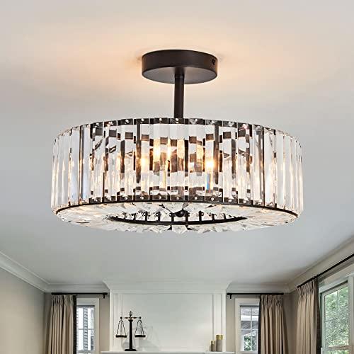 Piepooye 5 Lights Modern Crystal Chandelier Black Round Semi Flush Mount Ceiling Light Fixture Farmhouse Chandelier for Dinning Room Living Room Bedroom Hallway Entryway Kitchen, 15 Inch