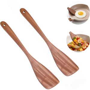 2-Piece Wooden Spatula Set - 13" Long Handle Flat Turners for Cooking, Heat Resistant & Non-Scratch Design for Flipping Eggs, Pancakes & Stir-Fry in Nonstick Pans