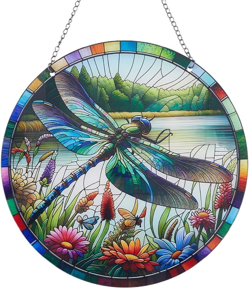 CREATCABIN Stained Windows Hanging Suncatcher Retro Dragonfly Hanging Ornament Round Acrylic Panel Sun Catcher with Iron Chain and Jump Rings Summer Home Decor Gift for Family Friends 7.9x7.9 Inch