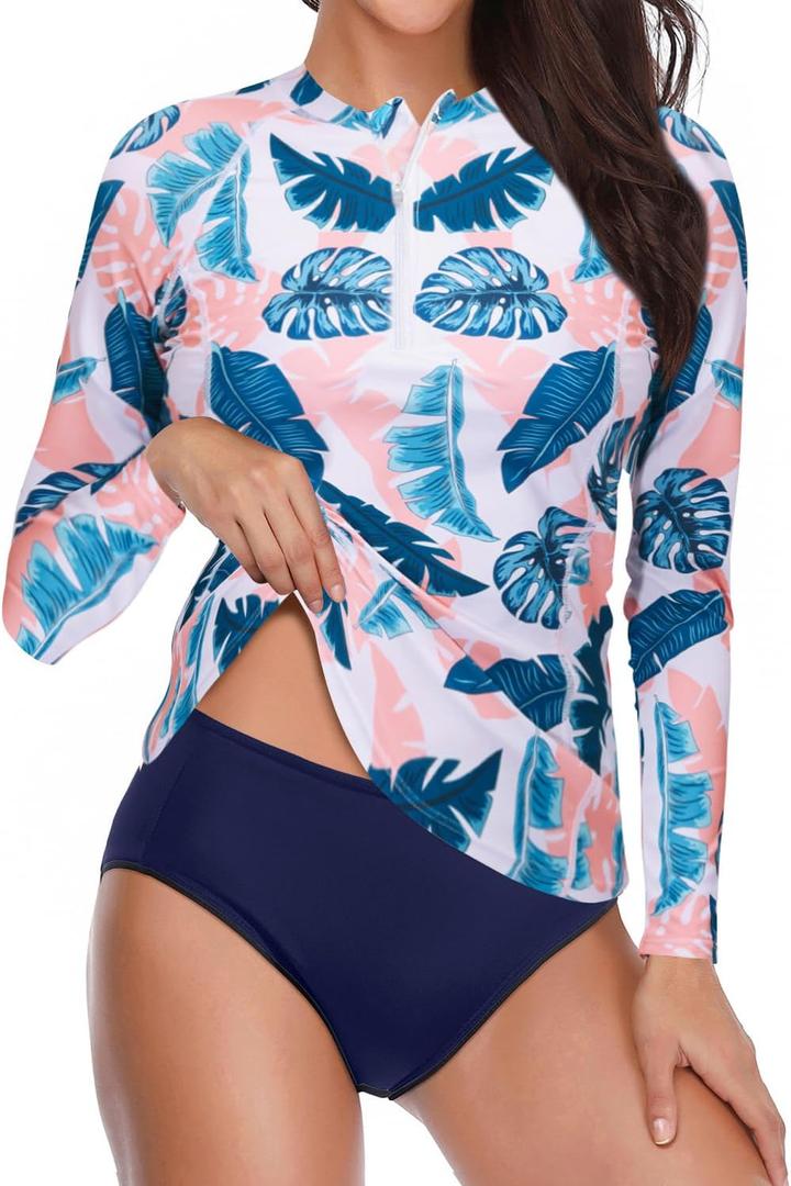 Daci Women 2 Piece Rash Guard Long Sleeve Zipper Bathing Suit with Bottom Built in Bra Swimsuit UPF 50 (X-Small) A-pink