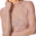 Womens Mesh Long Sleeve Top Sheer Blouse Sexy See Through Tee Shirt Lace Tops, L