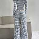 Floerns Women's 2 Piece Outfit Striped Square Neck Long Sleeve Crop Tops and Pants Set (White, XS)