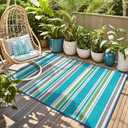 Outdoor Patio Plastic Rug Waterproof - Outdoor Rugs for Camper Outside, Rv, Porch Deck Rug Clearance, Area Carpet for Outside, Balcony, Patio Decor, Turquoise & Grey, 5x8 ft