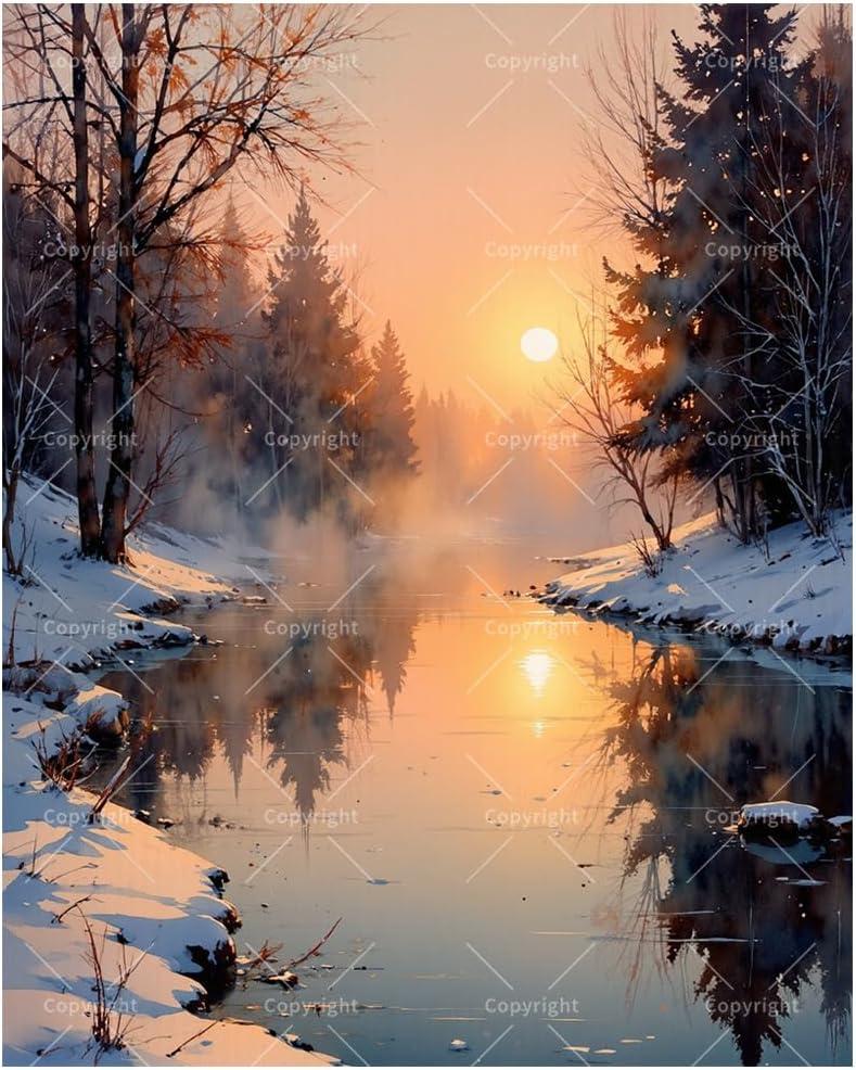 Nature Scene Paint by Numbers Kit for Adults - DIY Misty Winter River at Dawn Painting on Canvas, Acrylic Paint Set, Suitable for Beginners, Art for Home Decoration or Gifts (16x20'' Framed)