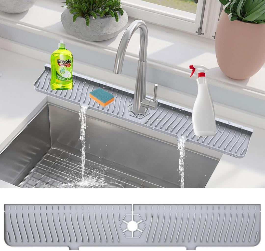 Longer Sink Splash Guard Mat 30 inch, Silicone Faucet Handle Drip Catcher Tray, Longer Silicone Sink Mat for KitchenBathroom, Drip Protector Splash Countertop (Grey) (Gray)