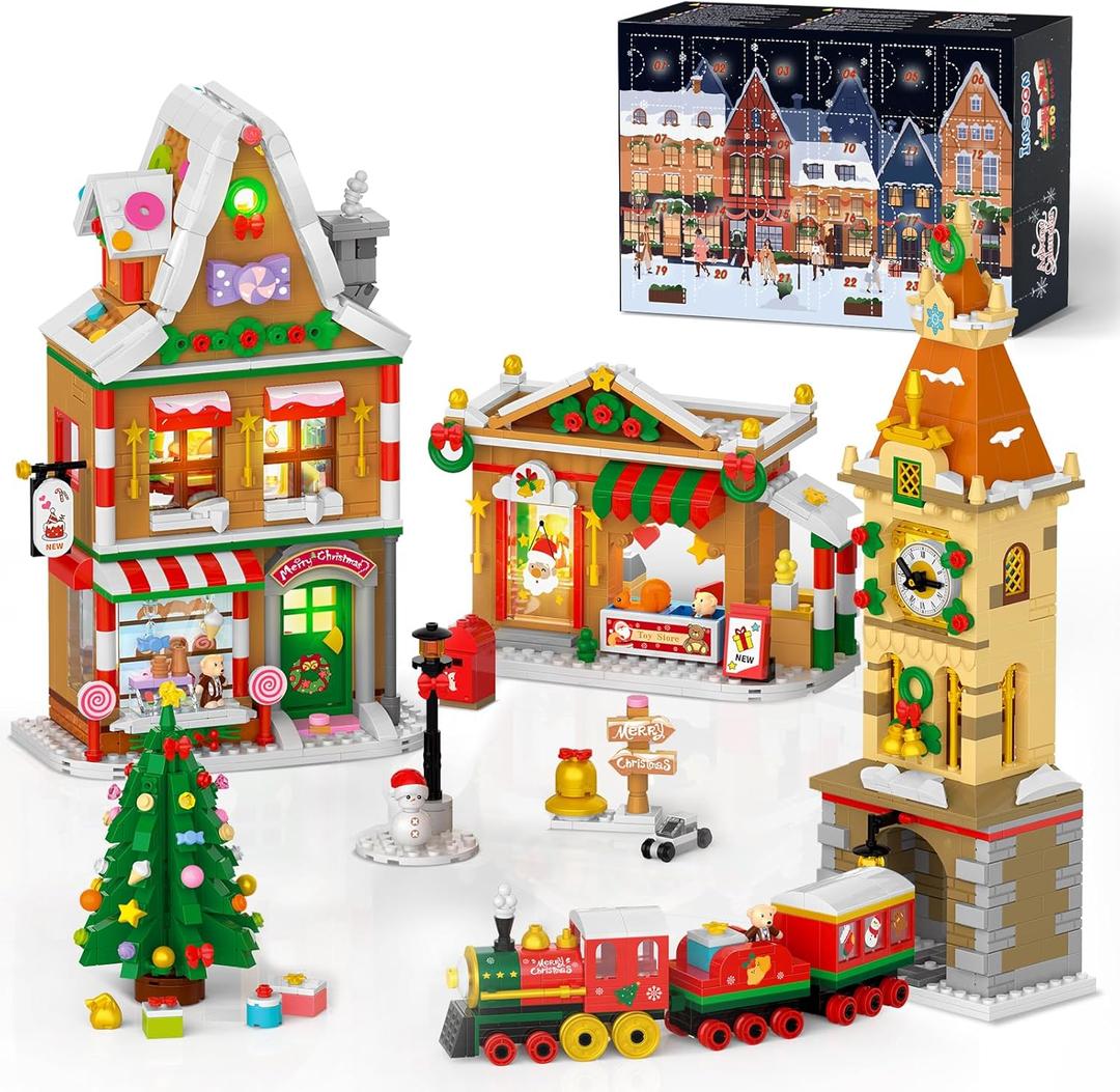 2025 Advent Calendar Christmas Mini Building Set with Light, 24 Days Countdown City Main Street Building Block Kit with Xmas Tree, Holiday Gift Building Toys for Adults Kids Boys Girls Ages 8+
