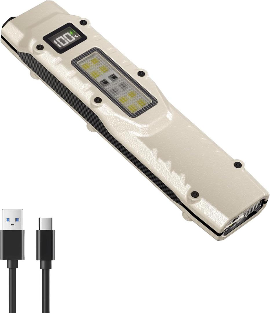 Flat Flashlight Rechargeable EDC Tactical Flashlights, 1100 High Lumen Pocket Flashlight with LCD Display, LED Powerful Flash Light for Home, Camping and Emergency Use (White)