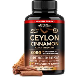 Ceylon Cinnamon Capsules - Extra Strength - Energy Heart & Metabolism Support for Men & Women - Pure Natural Cinnamon 20:1 Extract Supplement - GMO & Gluten Free - Made in USA - 60 Capsules 2 Month, Best By: 10/2027