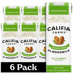 Califia Farms - Unsweetened Almond Milk, 32 Oz (Pack of 6), Dairy Free, Vegan, Plant Based, Keto Food, Shelf Stable, Vegan, Gluten Free, Non GMO, Sugar Free, High Calcium, Smoothie.BB:12/02/2026